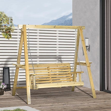 2-Seat orch Swing with Stand, Wooden Patio Swing Chair with Side Tables and Metal Chains, Outdoor Hanging Bench