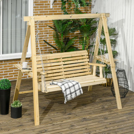 2-Seat orch Swing with Stand, Wooden Patio Swing Chair with Side Tables and Metal Chains, Outdoor Hanging Bench