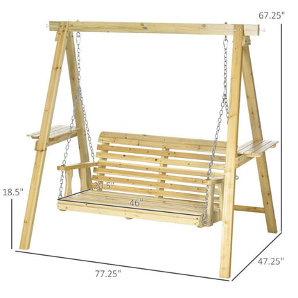 2-Seat orch Swing with Stand, Wooden Patio Swing Chair with Side Tables and Metal Chains, Outdoor Hanging Bench