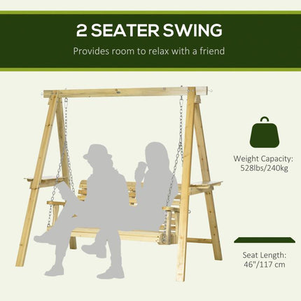 2-Seat orch Swing with Stand, Wooden Patio Swing Chair with Side Tables and Metal Chains, Outdoor Hanging Bench