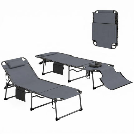 2 Piece Folding Chaise Lounge Pool Chairs with 5-level Reclining Back, Reading Hole, Side Pocket, Gray