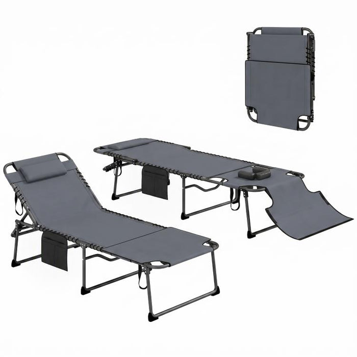 2 Piece Folding Chaise Lounge Pool Chairs with 5-level Reclining Back, Reading Hole, Side Pocket, Gray