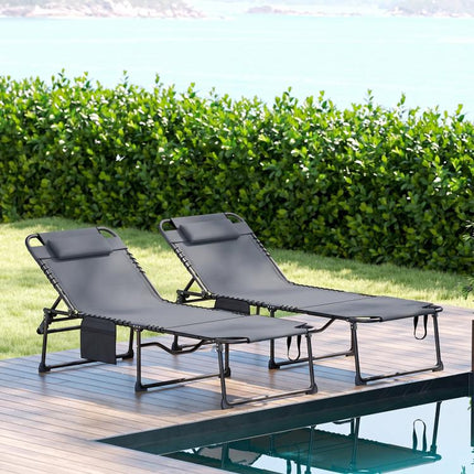 2 Piece Folding Chaise Lounge Pool Chairs with 5-level Reclining Back, Reading Hole, Side Pocket, Gray