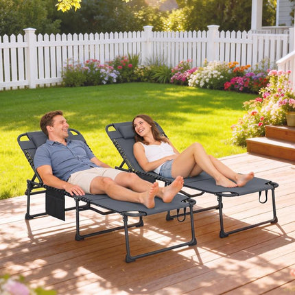 2 Piece Folding Chaise Lounge Pool Chairs with 5-level Reclining Back, Reading Hole, Side Pocket, Gray