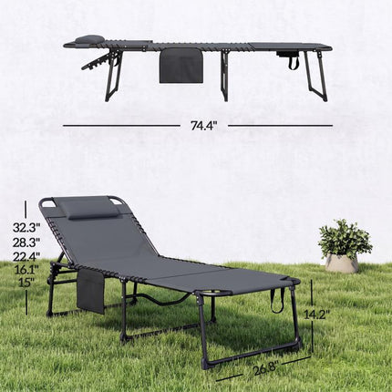 2 Piece Folding Chaise Lounge Pool Chairs with 5-level Reclining Back, Reading Hole, Side Pocket, Gray