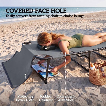 2 Piece Folding Chaise Lounge Pool Chairs with 5-level Reclining Back, Reading Hole, Side Pocket, Gray
