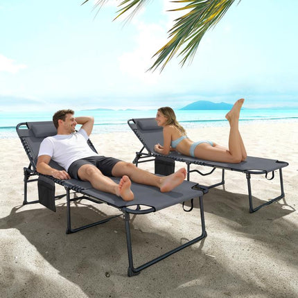 2 Piece Folding Chaise Lounge Pool Chairs with 5-level Reclining Back, Reading Hole, Side Pocket, Gray