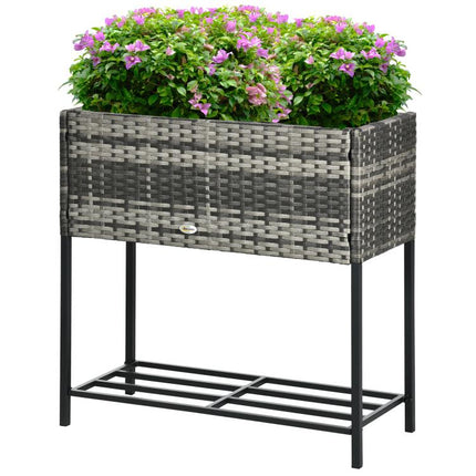 Raised Garden Bed, Elevated Planter Box with Rattan Wicker Look, Tool Storage Shelf, Portable Design for Herbs, Vegetables, Flowers, Gray