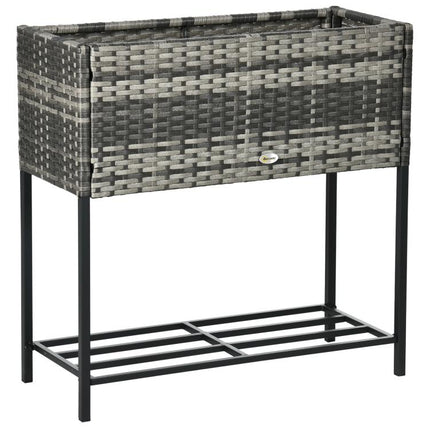 Raised Garden Bed, Elevated Planter Box with Rattan Wicker Look, Tool Storage Shelf, Portable Design for Herbs, Vegetables, Flowers, Gray