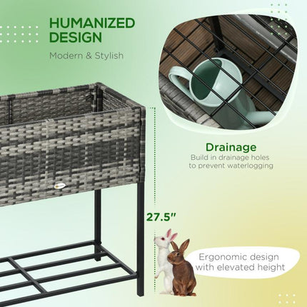 Raised Garden Bed, Elevated Planter Box with Rattan Wicker Look, Tool Storage Shelf, Portable Design for Herbs, Vegetables, Flowers, Gray