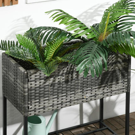 Raised Garden Bed, Elevated Planter Box with Rattan Wicker Look, Tool Storage Shelf, Portable Design for Herbs, Vegetables, Flowers, Gray