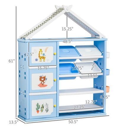 Qaba Kids Toy Storage Organizer with 4 Bins, Storage Cabinets, Bookshelf and 4-Layers Toy Collection Shelves, Blue
