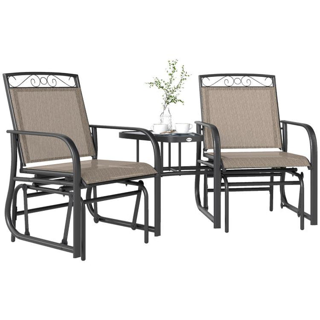 Outdoor Glider Chairs with Coffee Table, Patio 2-Seat Rocking Chair Swing with Breathable Sling for Backyard, Garden and Porch, Brown