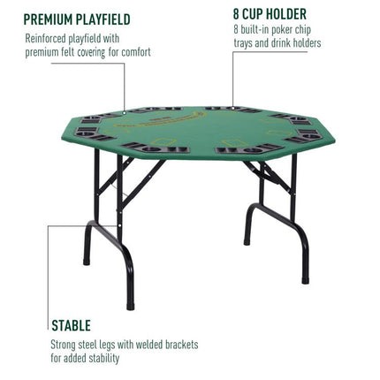 Soozier Poker Table Foldable, 47 inch Octagon Blackjack Poker Game Table for 8 Players with Cup Holders and Chips Tray, Green Felt