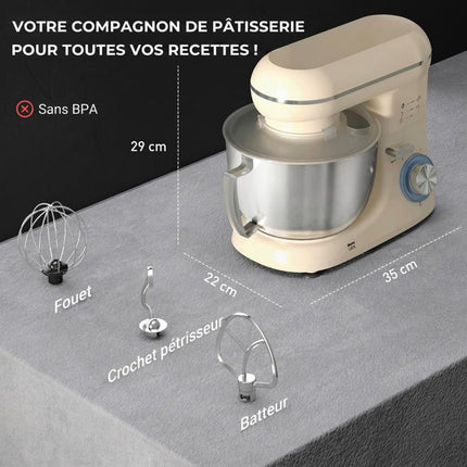 1300W stand mixer, professional 4.5L dough mixer, stainless steel bowl, 6+P speeds and pulse function, beige