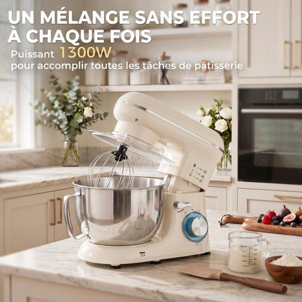 1300W stand mixer, professional 4.5L dough mixer, stainless steel bowl, 6+P speeds and pulse function, beige