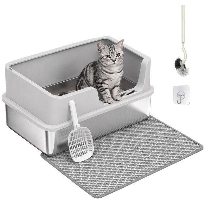 XL Stainless Steel Cat Litter Box with Lid, High Sides, Scoop, and Mat