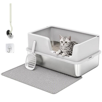 XL Stainless Steel Cat Litter Box with Lid, High Sides, Scoop, and Mat