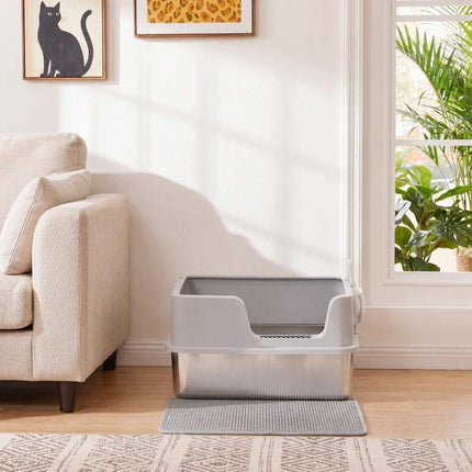 XL Stainless Steel Cat Litter Box with Lid, High Sides, Scoop, and Mat