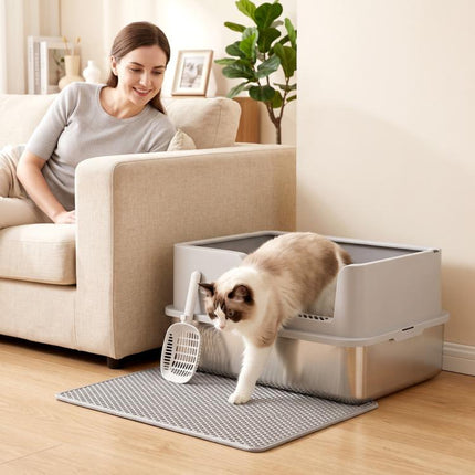 XL Stainless Steel Cat Litter Box with Lid, High Sides, Scoop, and Mat