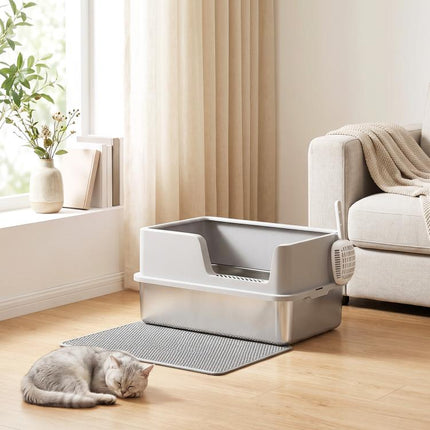 XL Stainless Steel Cat Litter Box with Lid, High Sides, Scoop, and Mat
