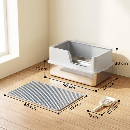XL Stainless Steel Cat Litter Box with Lid, High Sides, Scoop, and Mat
