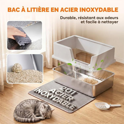 XL Stainless Steel Cat Litter Box with Lid, High Sides, Scoop, and Mat