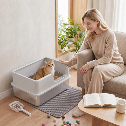 XL Stainless Steel Cat Litter Box with Lid, High Sides, Scoop, and Mat