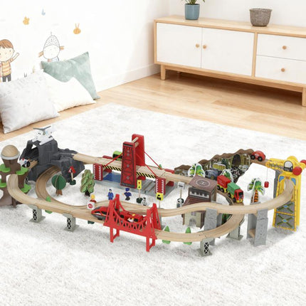 Set de Train en Bois pour Enfants, 100 Pièces, Jouets Ferroviaire Magnétique avec Grue, Pont, Hélicoptère, Multicolore