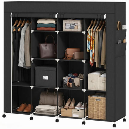 Fabric wardrobe, mobile storage unit with 10 casters and 10 compartments, hanging rails, black