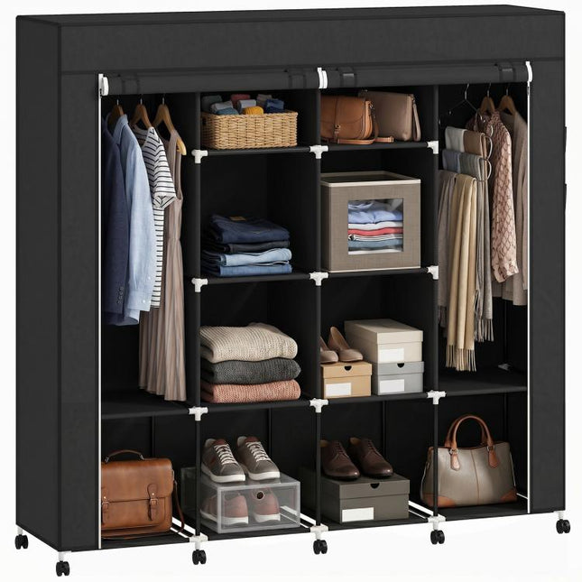Fabric wardrobe, mobile storage unit with 10 casters and 10 compartments, hanging rails, black