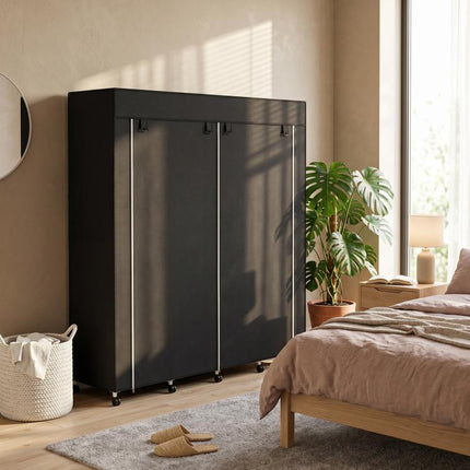 Fabric wardrobe, mobile storage unit with 10 casters and 10 compartments, hanging rails, black