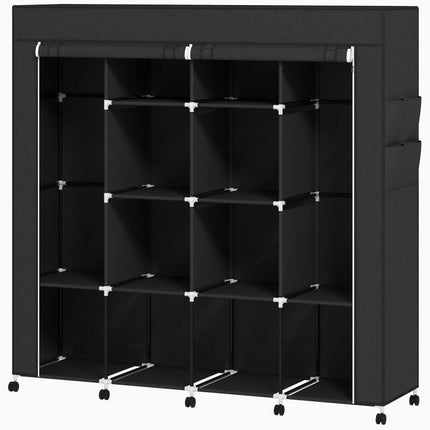 Fabric wardrobe, mobile storage unit with 10 casters and 10 compartments, hanging rails, black