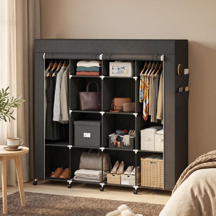 Fabric wardrobe, mobile storage unit with 10 casters and 10 compartments, hanging rails, black