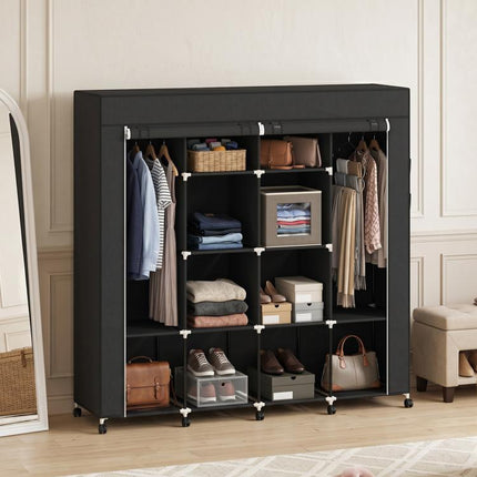 Fabric wardrobe, mobile storage unit with 10 casters and 10 compartments, hanging rails, black