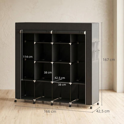Fabric wardrobe, mobile storage unit with 10 casters and 10 compartments, hanging rails, black
