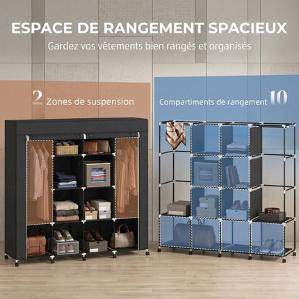 Fabric wardrobe, mobile storage unit with 10 casters and 10 compartments, hanging rails, black