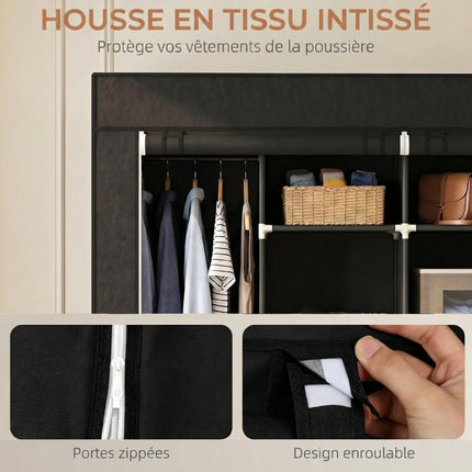 Fabric wardrobe, mobile storage unit with 10 casters and 10 compartments, hanging rails, black