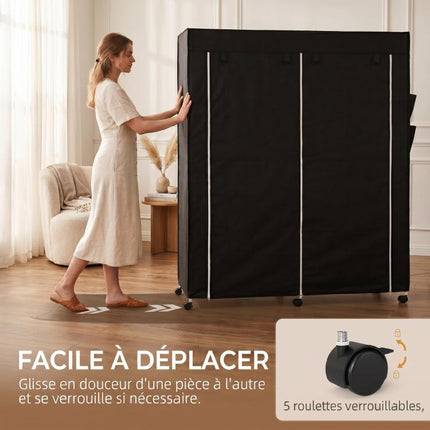Fabric wardrobe, mobile storage unit with 10 casters and 10 compartments, hanging rails, black