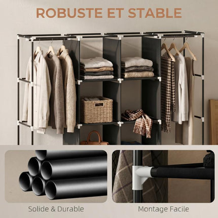 Fabric wardrobe, mobile storage unit with 10 casters and 10 compartments, hanging rails, black