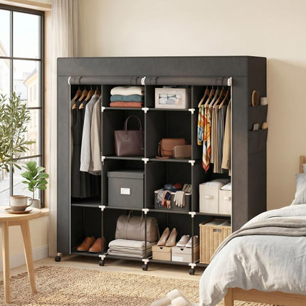 Fabric wardrobe, mobile storage unit with 10 casters and 10 compartments, hanging rails, black