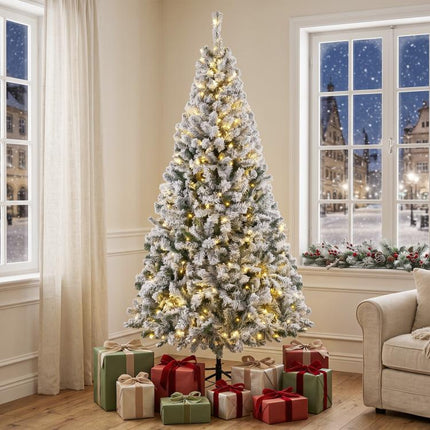 7.5ft Flocked Prelit Christmas Tree, Fraser Fir, Hinged Xmas Tree