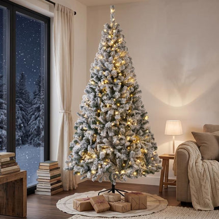 7.5ft Flocked Prelit Christmas Tree, Fraser Fir, Hinged Xmas Tree