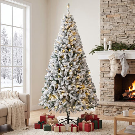 7.5ft Flocked Prelit Christmas Tree, Fraser Fir, Hinged Xmas Tree