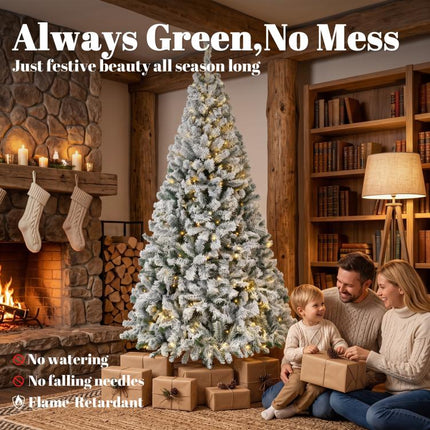 7.5ft Flocked Prelit Christmas Tree, Fraser Fir, Hinged Xmas Tree