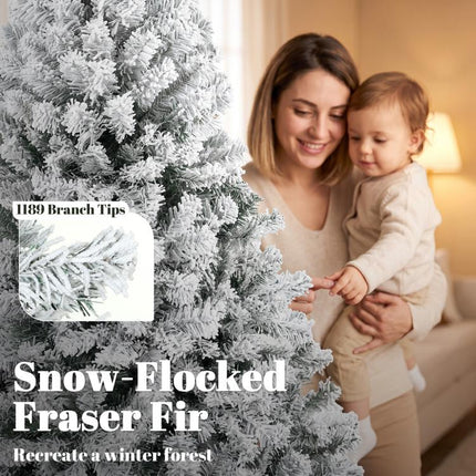 7.5ft Flocked Prelit Christmas Tree, Fraser Fir, Hinged Xmas Tree