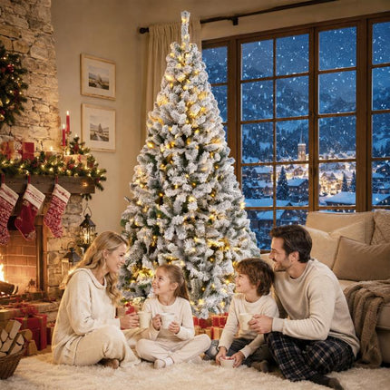 7.5ft Flocked Prelit Christmas Tree, Fraser Fir, Hinged Xmas Tree