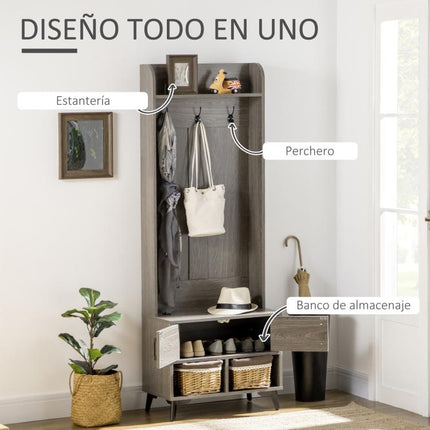 Perchero con Zapatero Perchero Entrada Recibidor con 3 Ganchos 2 Puertas 2 Compartimientos y Estante 60x34x170 cm Gris