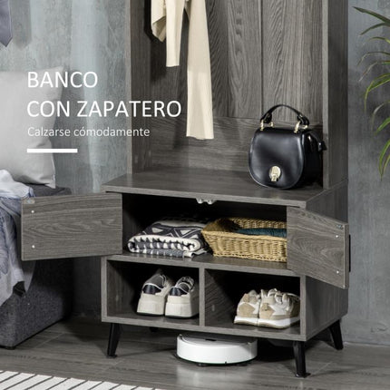 Perchero con Zapatero Perchero Entrada Recibidor con 3 Ganchos 2 Puertas 2 Compartimientos y Estante 60x34x170 cm Gris