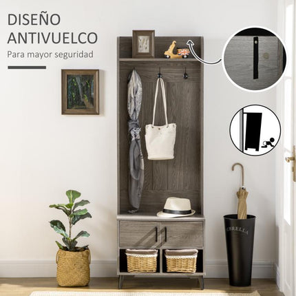 Perchero con Zapatero Perchero Entrada Recibidor con 3 Ganchos 2 Puertas 2 Compartimientos y Estante 60x34x170 cm Gris